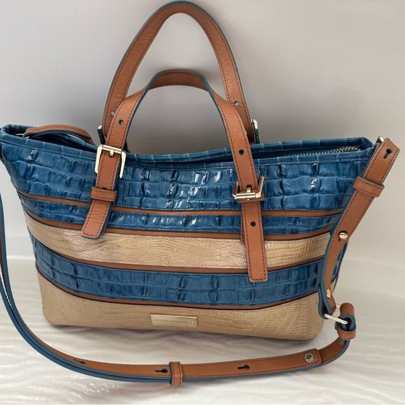 Brahmin Navy and Beige Croc-Embossed Satchel - Picture 1 of 5